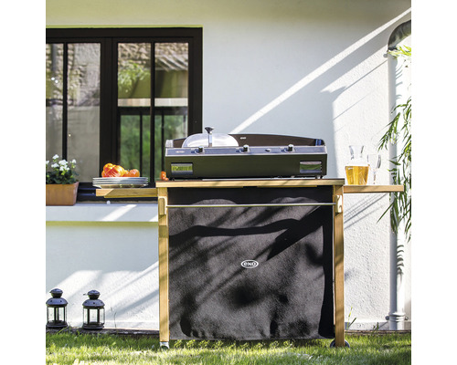 Extérieur avec barbecue à cartouche de gaz sur chariot à roulettes avec couvercle et table d''appoint