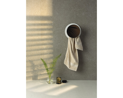 Scène de salle de bain avec miroir rond, serviette, vase, plante et bougie