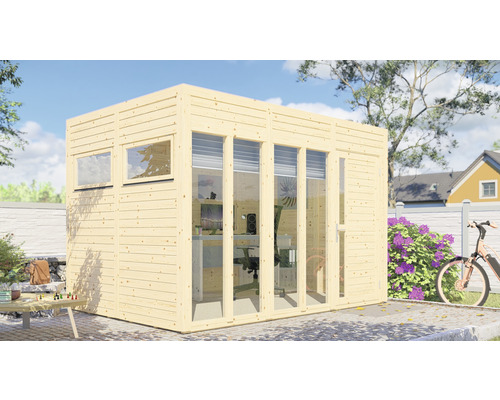 Abri de jardin en bois avec fenêtres et porte