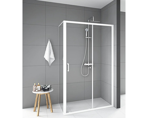 Porte de douche avec paroi latérale avec porte coulissante Aurlane 80 x 120 cm couleur du profilé blanc décor de vitre verre transparent butée de paroi latérale à gauche butée de porte à droite