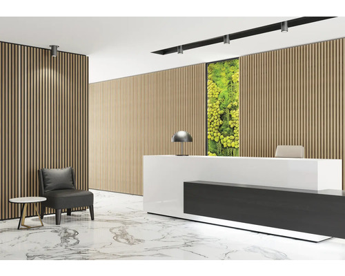 Espace de réception lumineux avec panneaux de bois, réception, coin salon et décoration