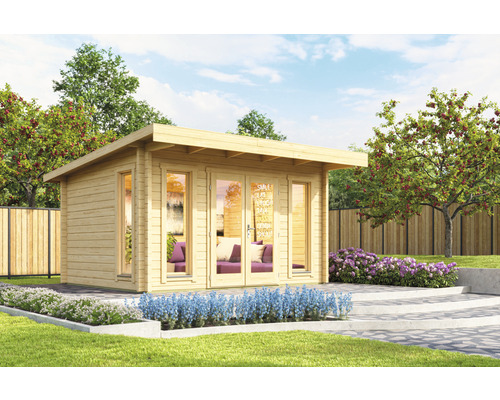 Gartenhaus Outdoor Life Barbados 3 Platin inkl. Fussboden 459 x 419 cm natur Gartenszene mit einem Holzgartenhaus mit Fenstern und Glastüren