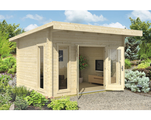 Abri de jardin en bois avec toit plat, fenêtre et double porte dans le jardin