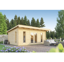 Abri de jardin en bois avec fenêtres et porte double sur une terrasse