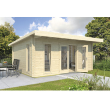 Abri de jardin moderne en bois avec toit plat et grandes fenêtres