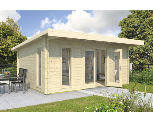 Abri de jardin moderne en bois avec toit plat et grandes fenêtres