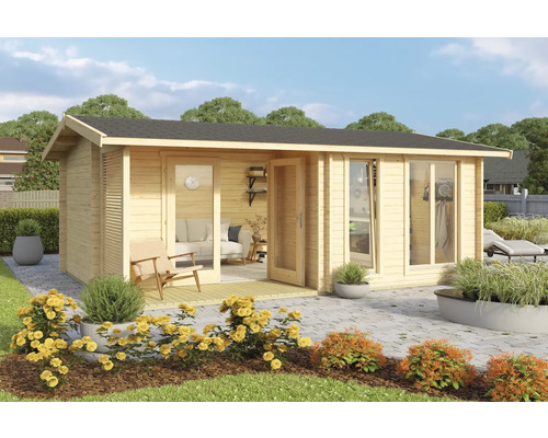 Maison de jardin en bois avec fenêtres et double porte dans le jardin