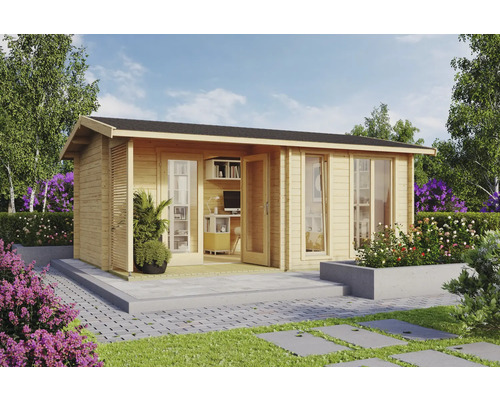 Abri de jardin en bois avec fenêtres et portes dans le jardin