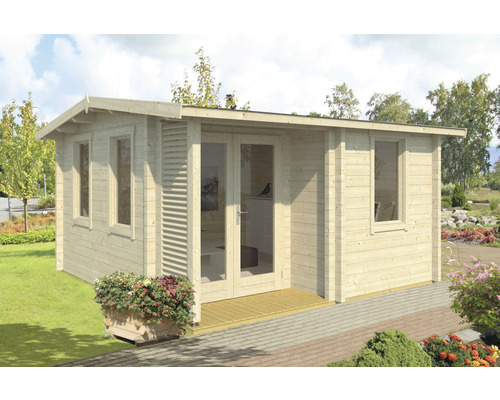 Maison de jardin en bois avec fenêtres et porte double