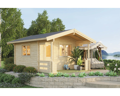 Gartenhaus Outdoor Life Jari inkl. Terrasse, Fussboden 460 x 560 cm natur Holzgartenhaus mit überdachter Veranda und Schaukel im Garten
