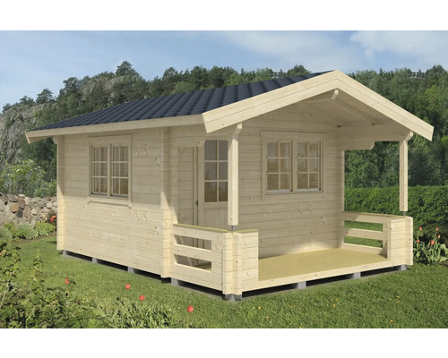 Abri de jardin en bois avec terrasse et toit à deux pans