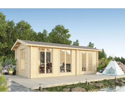 Abri de jardin avec terrasse et grandes fenêtres