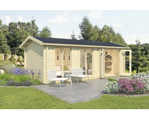 Abri de jardin Outdoor Life Shetland 2 avec plancher 660 x 347 cm nature Maison de jardin en bois avec portes ouvertes et mobilier de jardin sur la terrasse