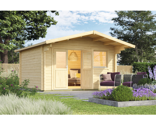 Abri de jardin en bois avec double porte et fenêtre dans le jardin