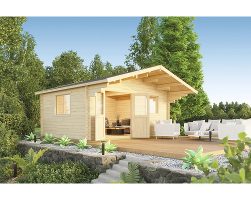 Gartenhaus Outdoor Life Zanzibar 1 inkl. Fussboden 535,1 x 560 cm natur Holzgartenhaus mit Terrasse und Gartenmöbeln in einem Garten