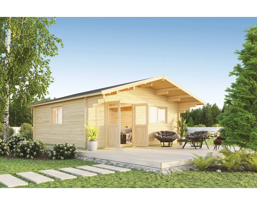 Abri de jardin Outdoor Life Zanzibar 4 avec plancher 631 x 745 cm nature Abri de jardin en bois avec terrasse et mobilier de jardin