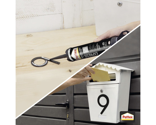Application de colle de montage pour fixer un numéro de maison sur une boîte aux lettres avec le logo Pattex