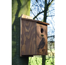 Holz-Nistkasten mit Vogelmotiv am Baum befestigt
