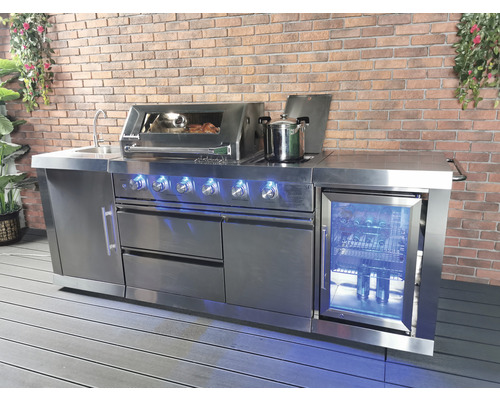 Cuisine d''extérieur en acier inoxydable avec barbecue, évier et réfrigérateur
