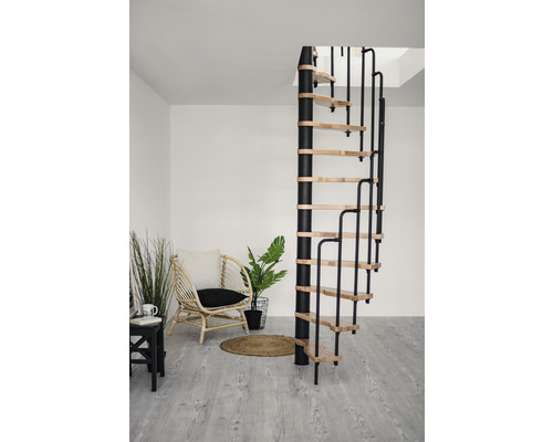 Raumszene mit Wendeltreppe aus Holz und Metall, Sitzgelegenheit und Zimmerpflanze.