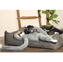 Chien allongé dans un lit pour chien gris avec une peluche paresseux.