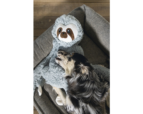 Chien se reposant avec un jouet paresseux pour chien sur un lit pour chien.