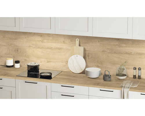 Scène de cuisine avec plaque de cuisson, évier, vaisselle et ustensiles de cuisine sur un plan de travail.