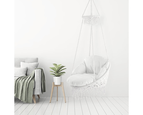 Hängesessel mit Kissen, Sofa und Topfpflanze in hellem Raum.