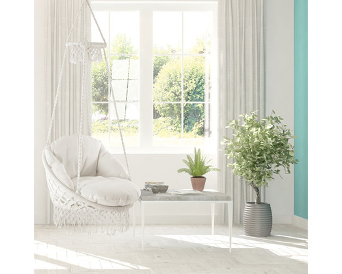 Hängesessel, Tisch und Zimmerpflanzen in einem hellen Raum