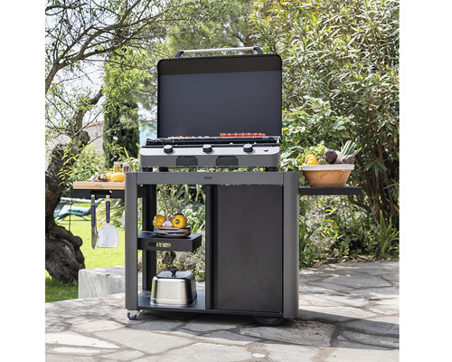 Chariot de barbecue à gaz avec étagères et espace de rangement dans le jardin