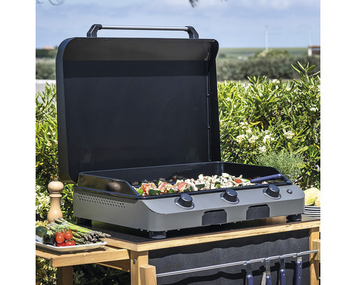 Plancha avec couvercle ouvert et légumes sur le gril