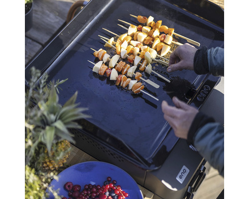 Plancha avec brochettes de fruits et baies