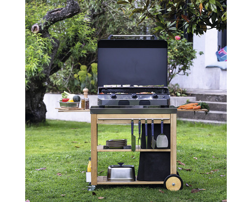 Chariot de grill avec couvercle ouvert, étagères et accessoires de barbecue dans le jardin.