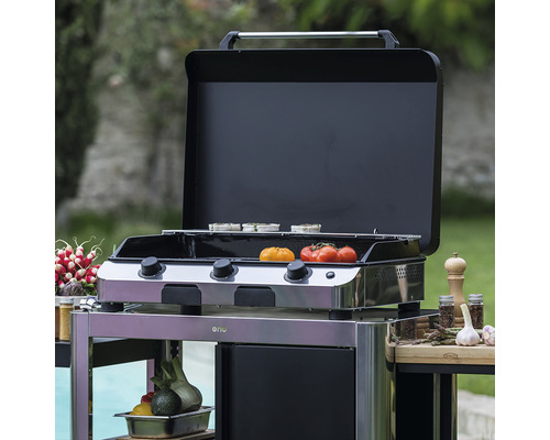 Grill à gaz avec couvercle ouvert, plats cuisinés et légumes