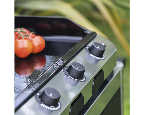 Vue détaillée d''un gril avec des régulateurs et des tomates