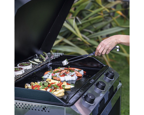 Une personne fait griller des légumes, des fruits de mer et du fromage sur un gril.