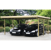 Double carport en bois avec deux voitures garées