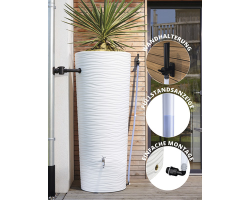 Regentonne mit Pflanzen und Details zu Wandhalterung, Füllstandsanzeige und einfacher Montage