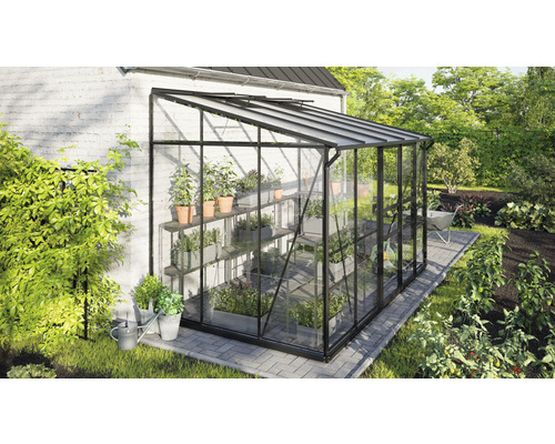 Serre en verre et métal avec étagères à plantes dans le jardin.