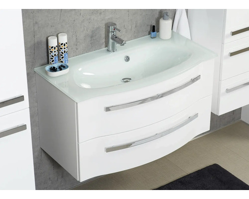 Meuble sous-lavabo avec lavabo en verre et deux tiroirs dans la salle de bain