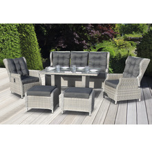 Gartensitzgruppe mit Tisch, Bank, Sesseln und Hockern aus Rattan