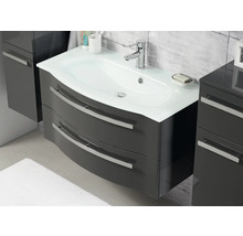 Salle de bains avec meuble sous-lavabo gris avec deux tiroirs et vasque à poser en verre