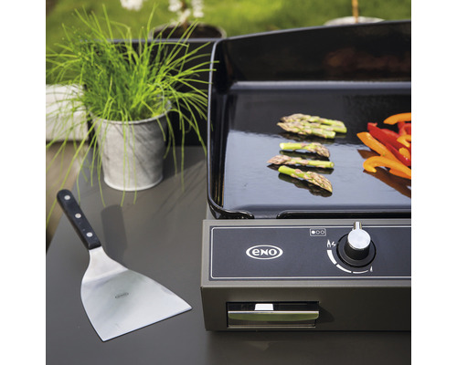 Plancha avec asperges et poivrons ainsi qu''une spatule et une plante