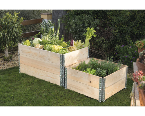 Jardinière surélevée en bois avec des légumes et des herbes dans le jardin.