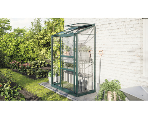 Gewächshaus mit Regalen im Garten