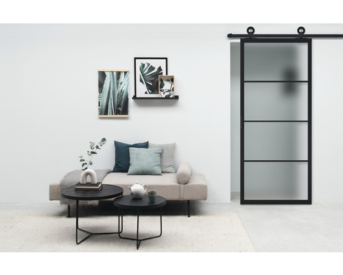 Salon avec porte coulissante, canapé, tables basses et décoration