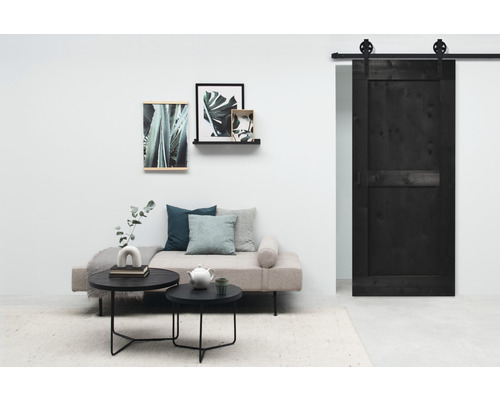 Wohnzimmer mit Sofa, Tisch und schwarzer Schiebetür
