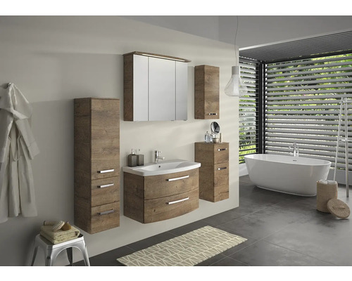 Modernes Badezimmer mit Waschtisch, Spiegelschrank und Hochschränken in Holzoptik