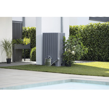 Jardin avec réservoir d''eau de pluie, arrosoir et plantes