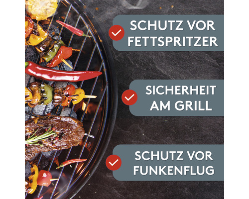 Grillszene mit Textinformationen zu Fettspritzerschutz, Sicherheit und Funkenschutz